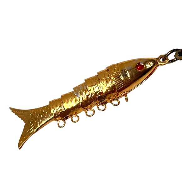 Vtg Articulated Body Fish Goldtone Keychain Koi Red Eyes Tin Jointed Wiggle - Picture 5 of 6